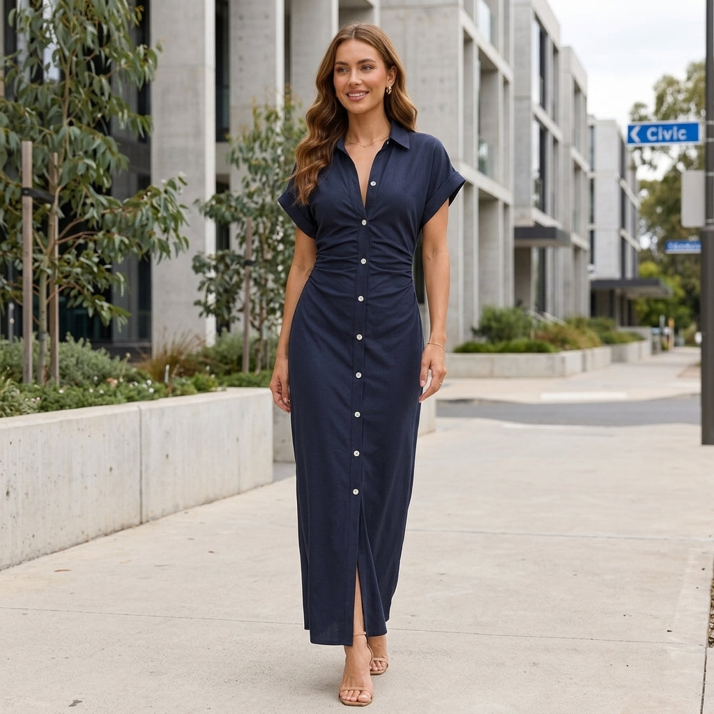 amelia denim dress – Tailored Midi Cut Womens denim Size:S(2yrs) Deep V-Neck Luxury Beaded Category_Stylewise Direct/ Clothing while oversized patch pockets