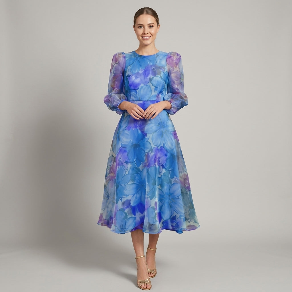 Mia | Blumiges Midi-Kleid mit langen Ärmeln für Hochzeitsgäste