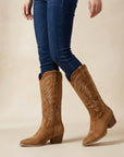 Ruby | Women's Embroidered Knee High Boots – Elegant Block Heel