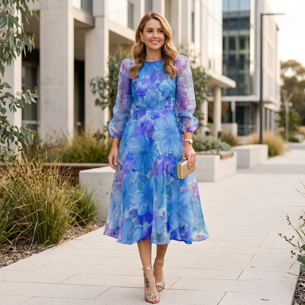Mia | Blumiges Midi-Kleid mit langen Ärmeln für Hochzeitsgäste