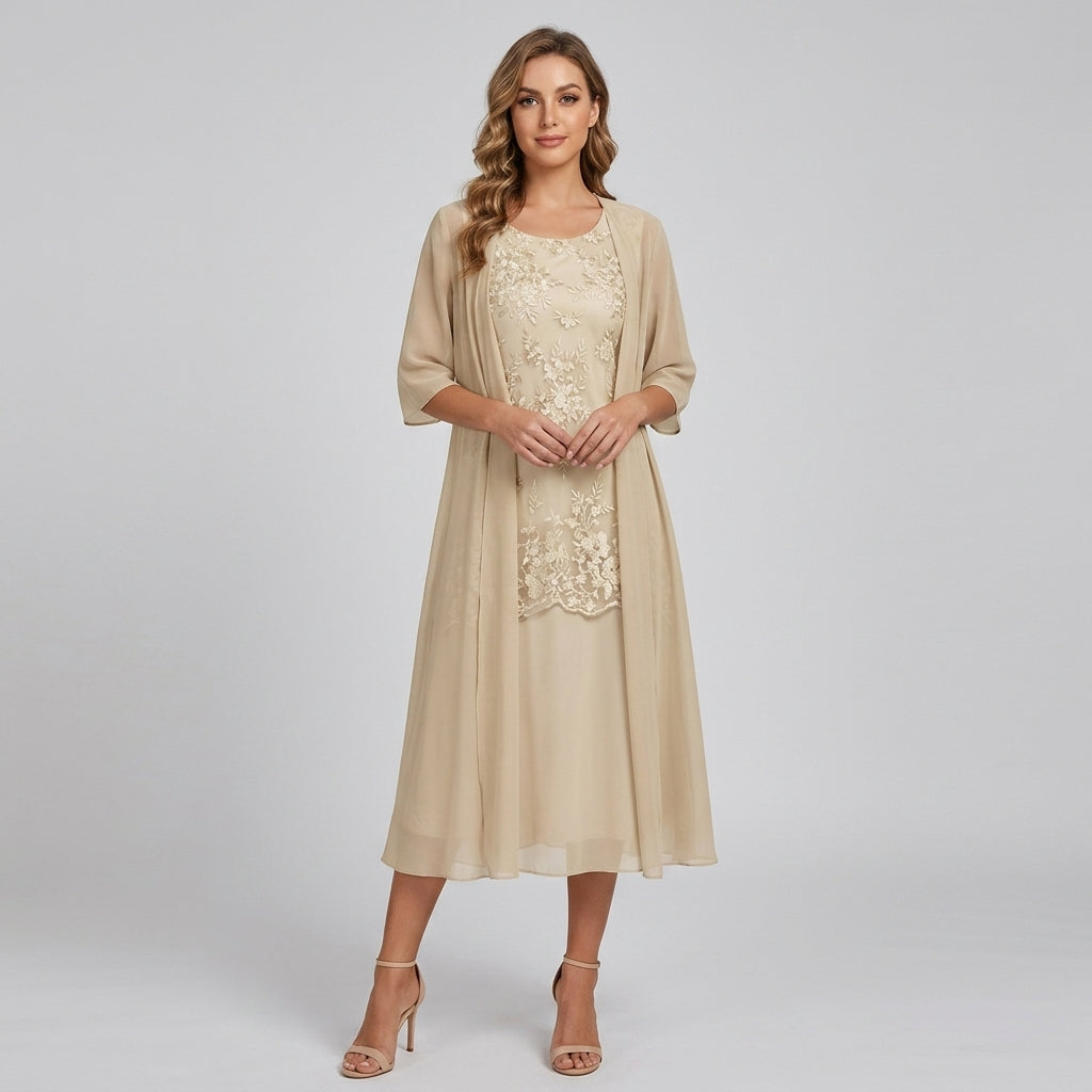 Olivia | Midi-Hochzeitsgastkleid mit transparenten Ärmeln
