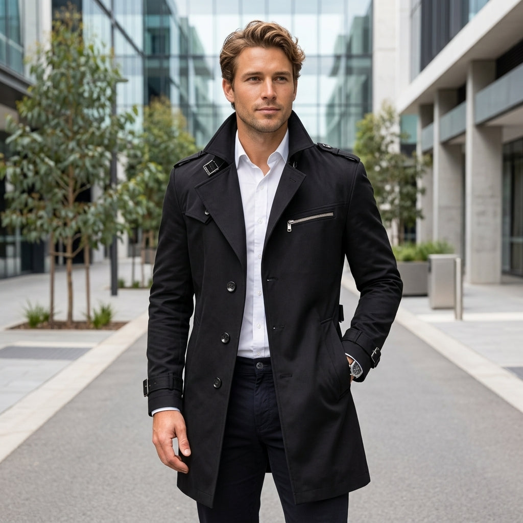 Oscar | Black Trench Men's Coat with Belted Waist
