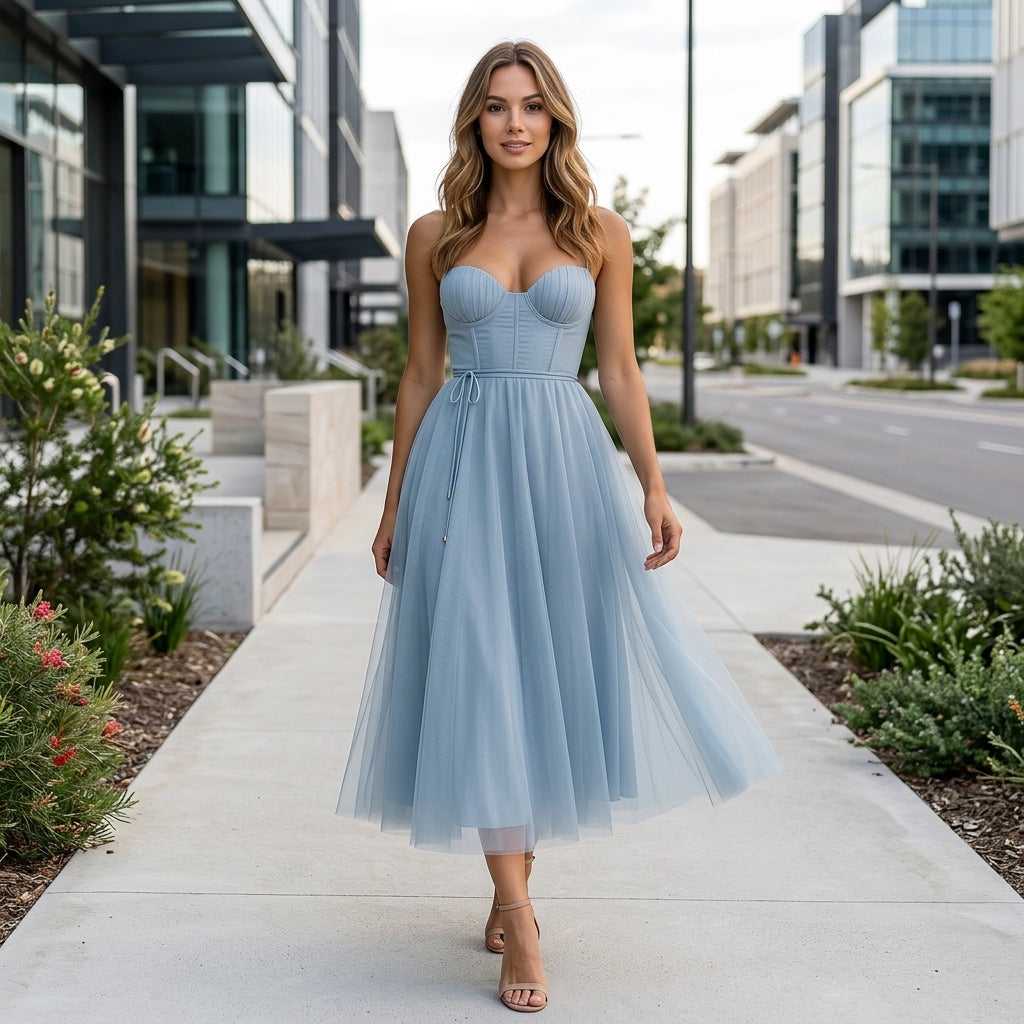 Ava | Chiffon Tulle Midi Wedding Guest Dress