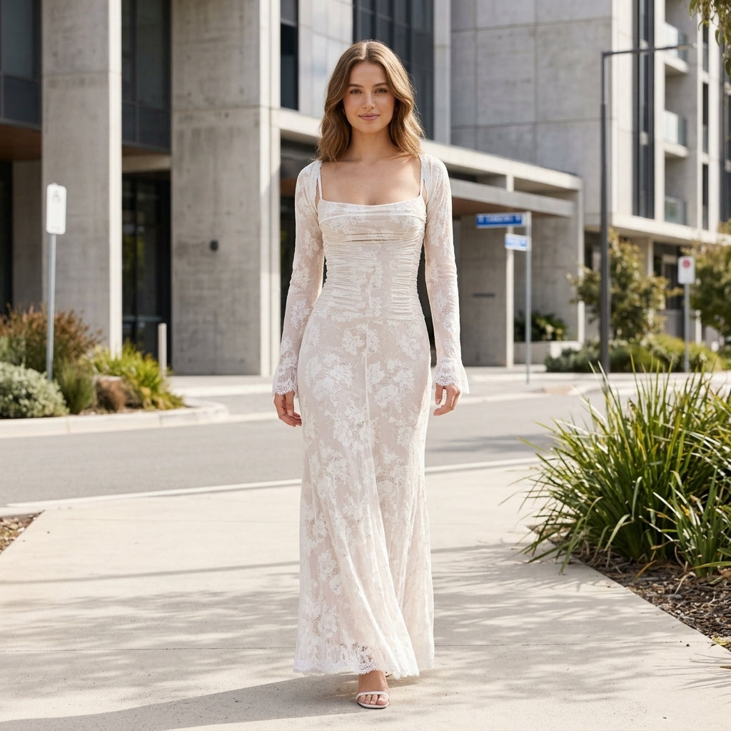 Amelia | Spitzen-Maxikleid mit langen Ärmeln für Hochzeitsgäste
