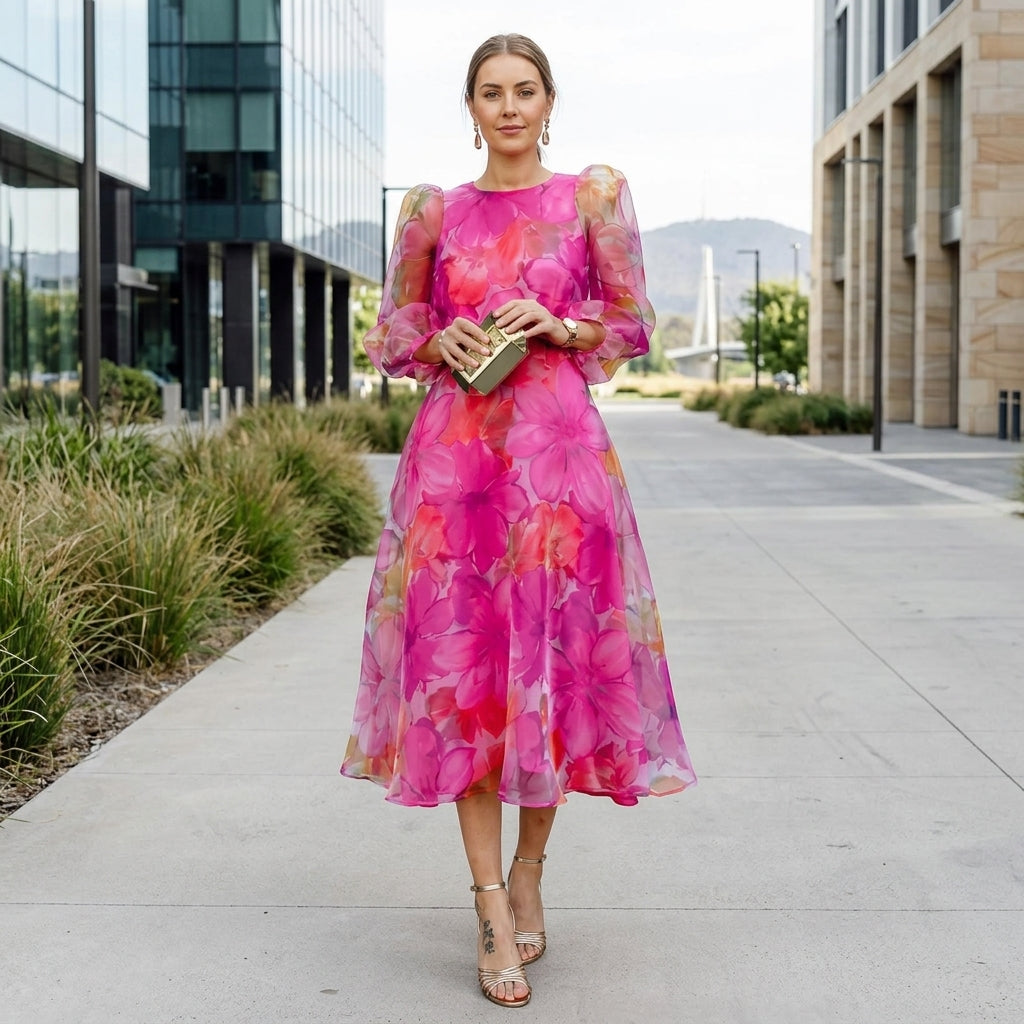 Mia | Blumiges Midi-Kleid mit langen Ärmeln für Hochzeitsgäste