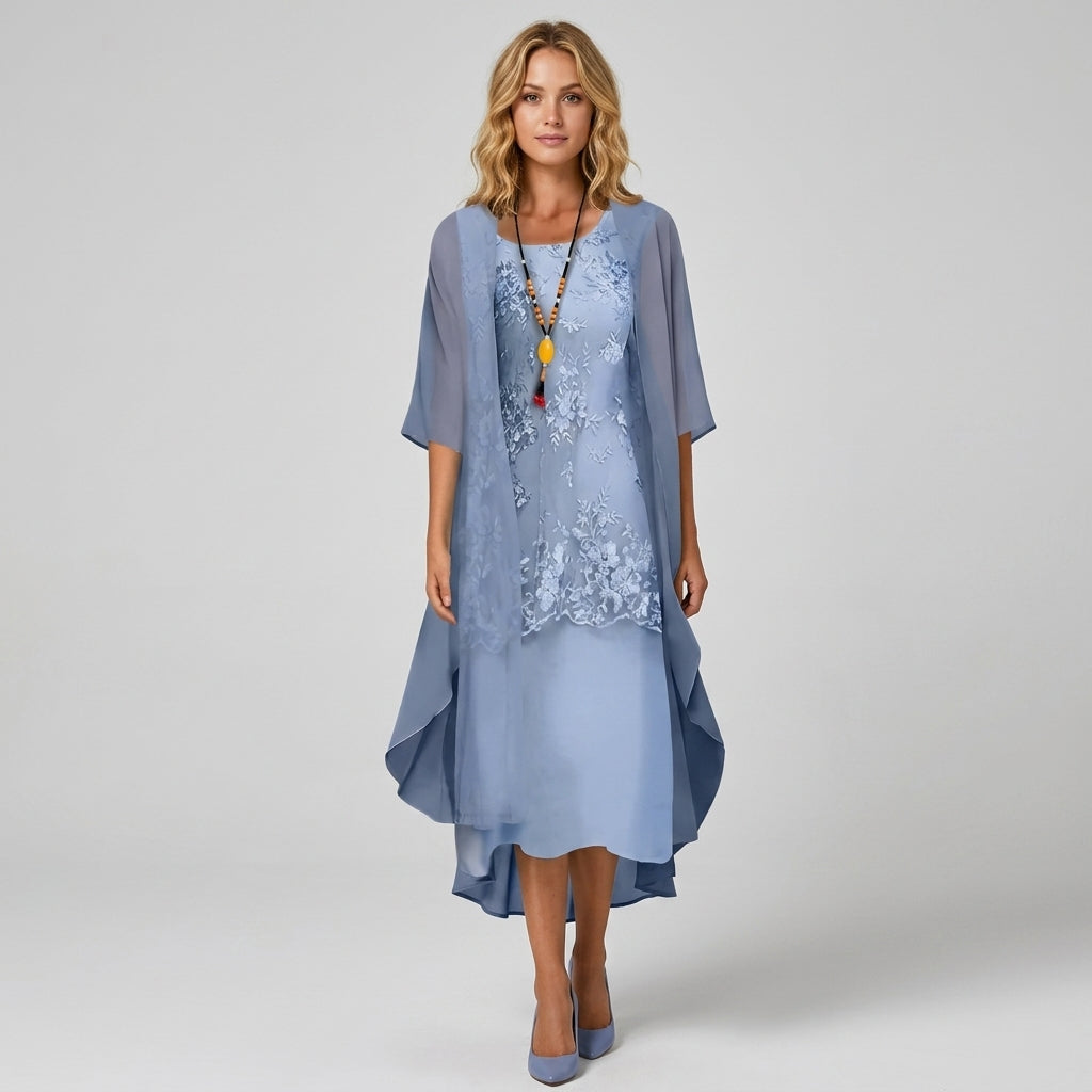 Olivia | Midi-Hochzeitsgastkleid mit transparenten Ärmeln