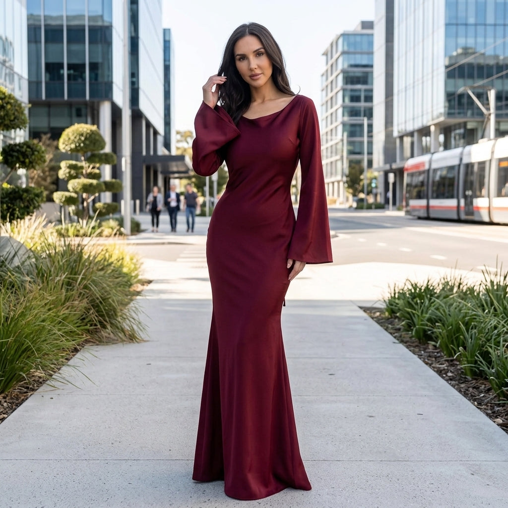 Ella | Satin Long Sleeve Maxi Wedding Guest Dress