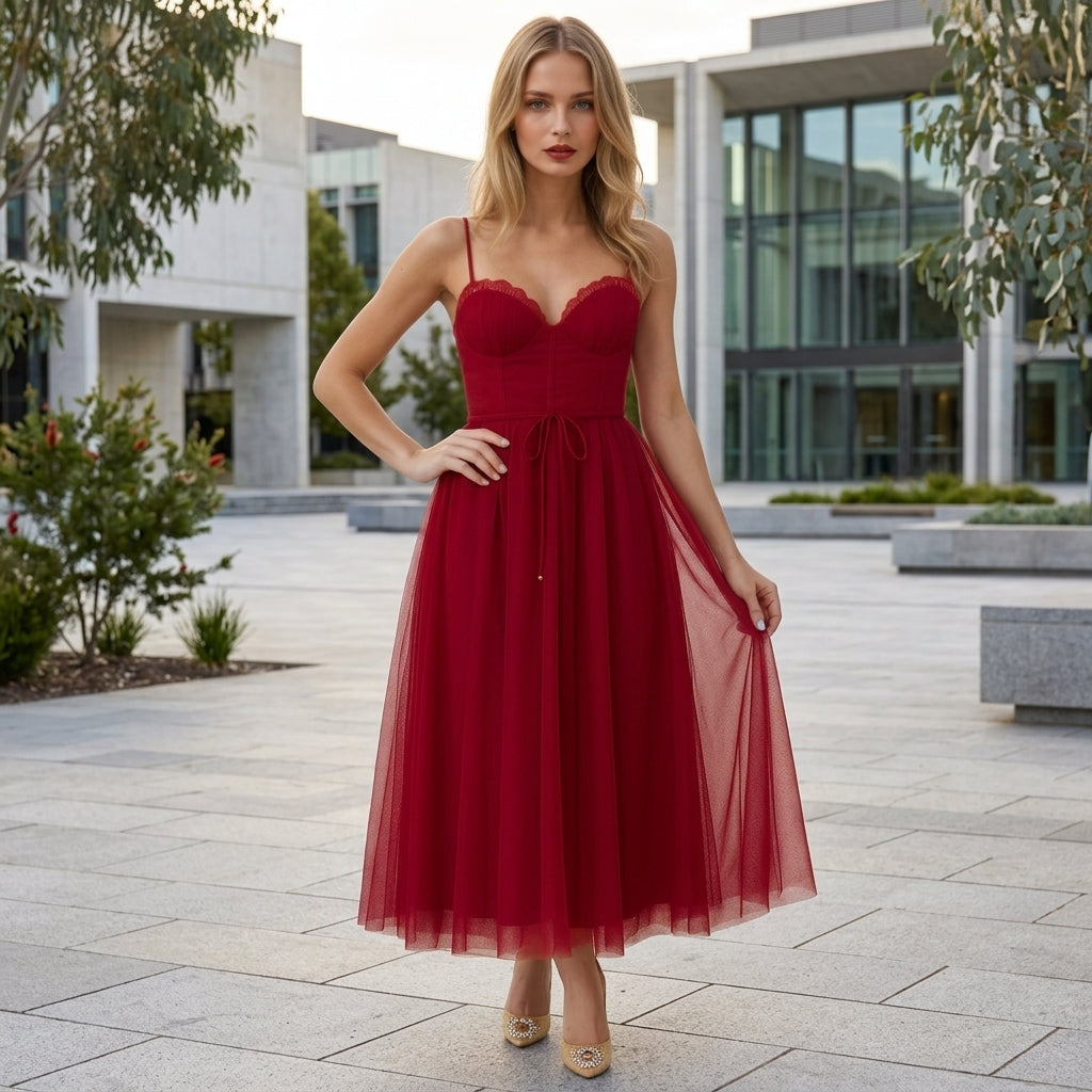 Ava | Chiffon Tulle Midi Wedding Guest Dress