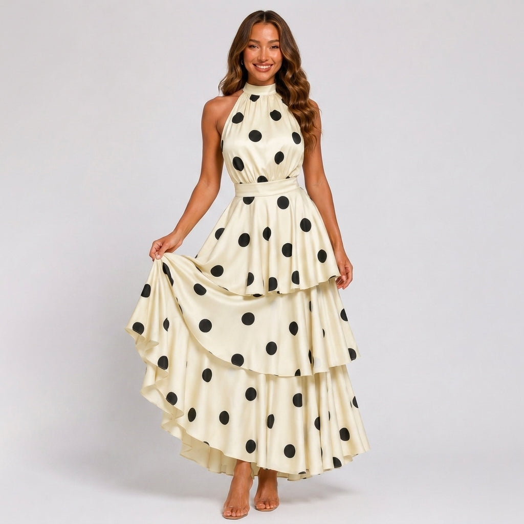 Charlotte | Cream Polka Dot Halter Maxi Wedding Guest Dress