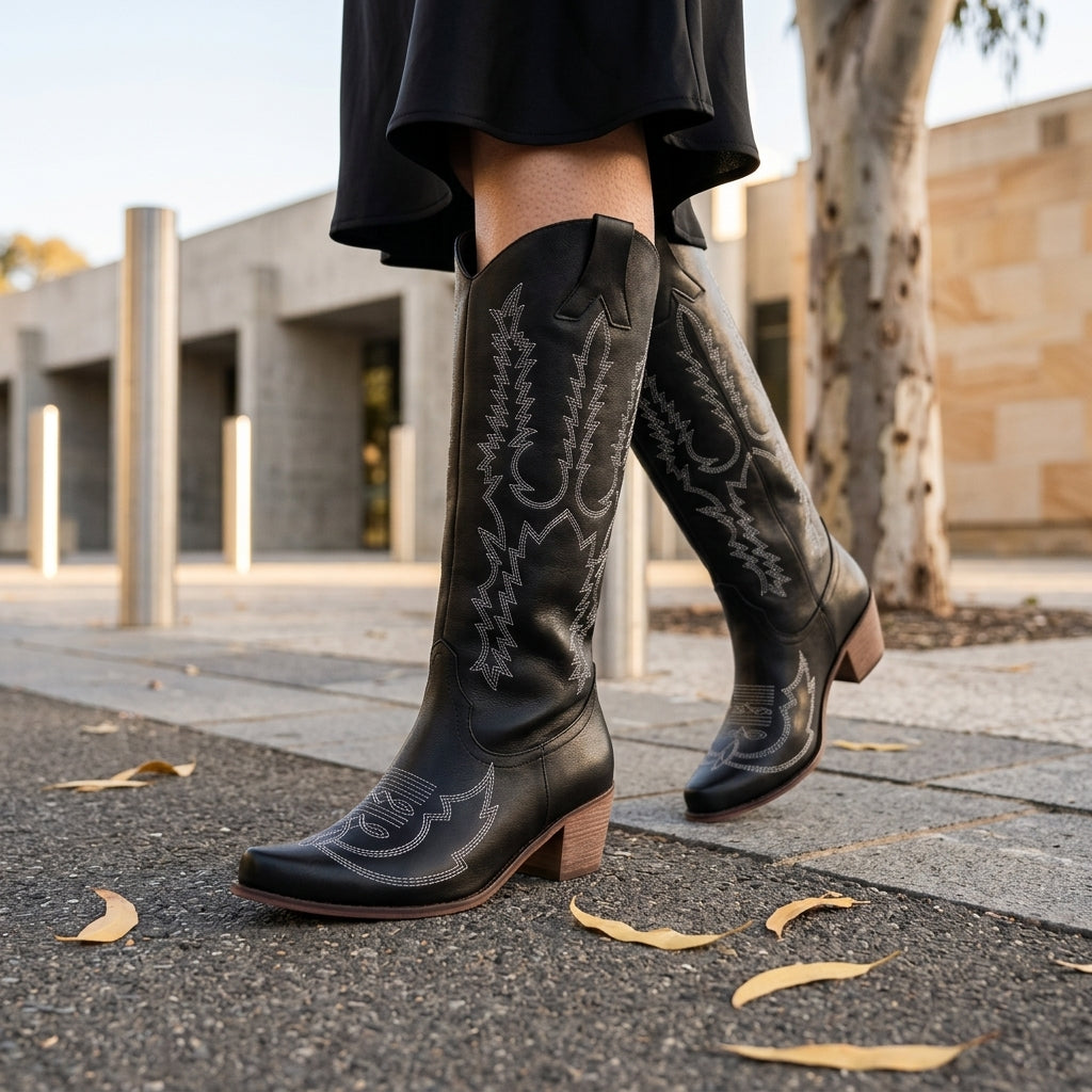 Willow | Women's Embroidered Knee High Boots – Western Block Heel