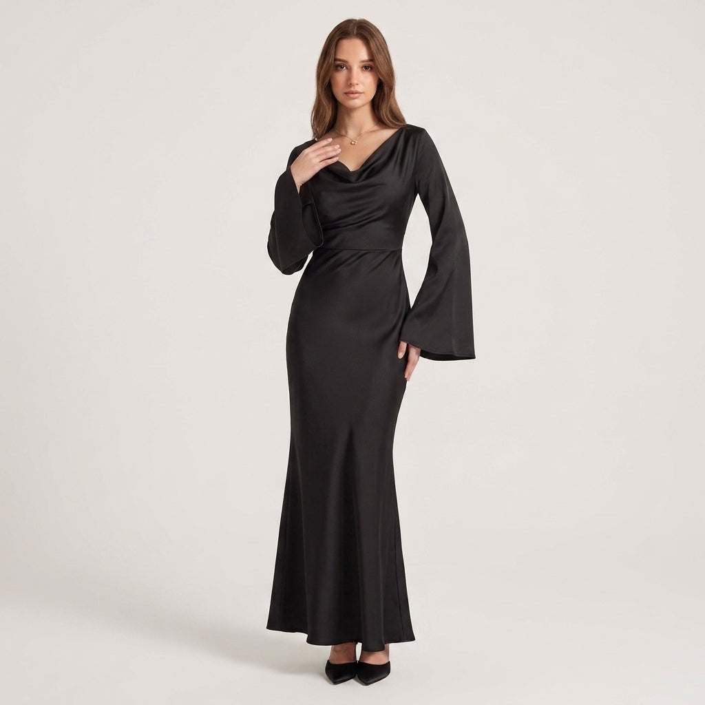 Ella | Satin Long Sleeve Maxi Wedding Guest Dress