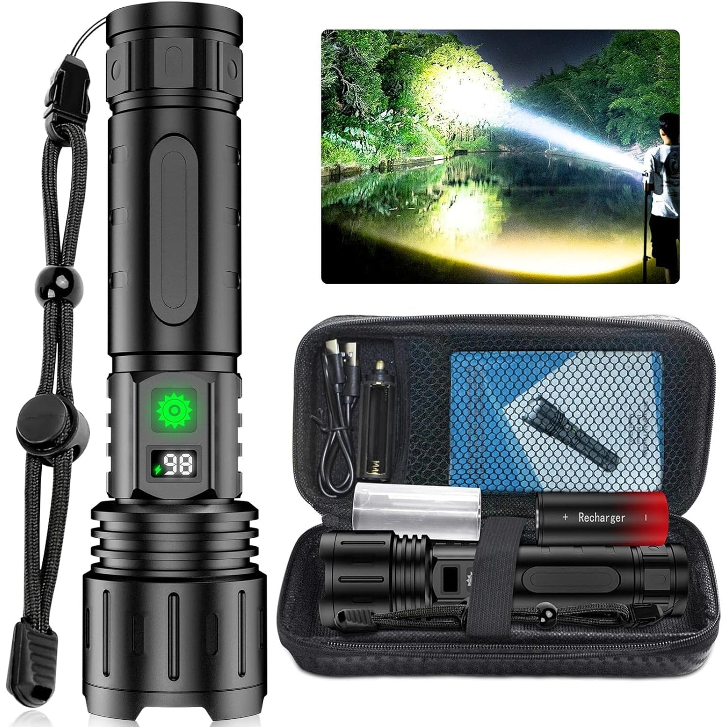 LED Flashlight - 100,000 Lumens, Rechargeable &amp; Long Beam 0