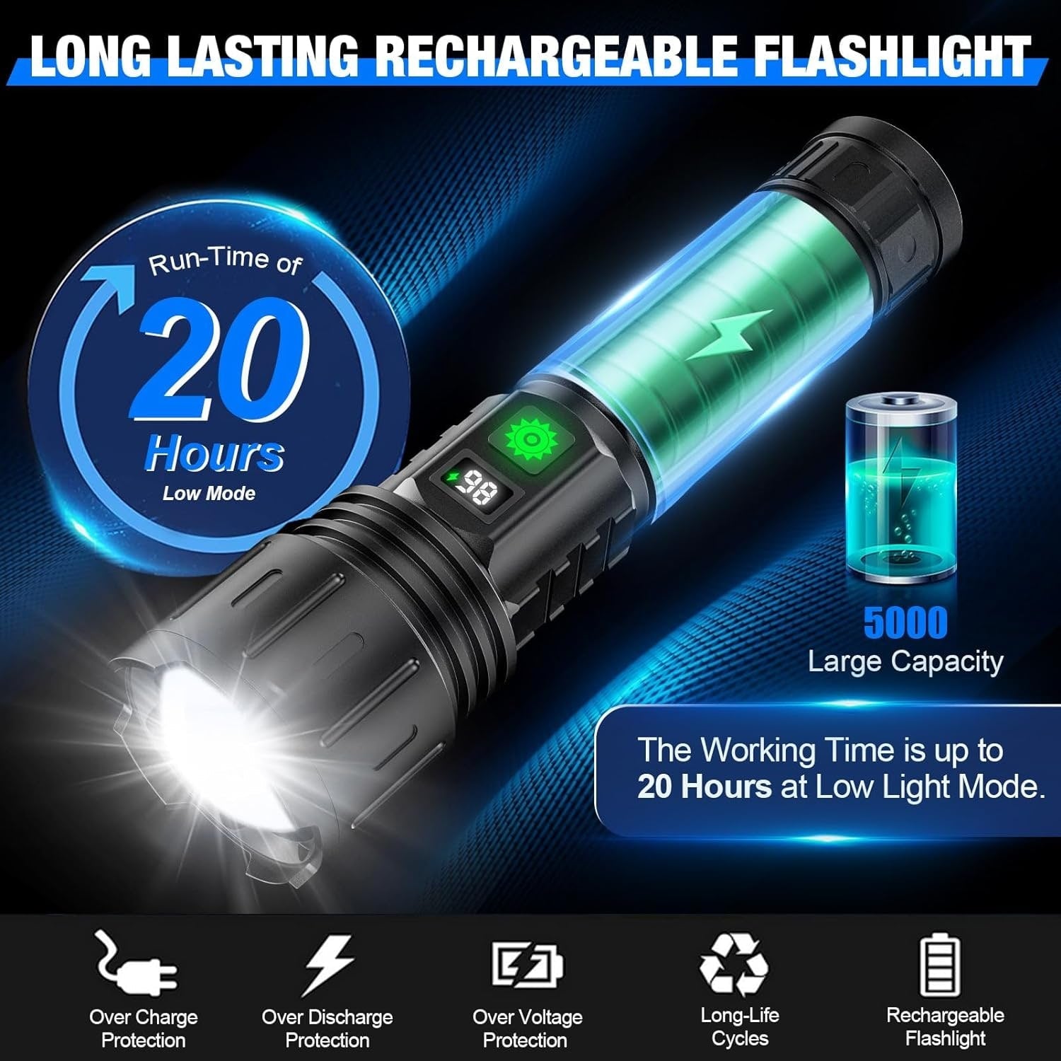 LED Flashlight - 100,000 Lumens, Rechargeable &amp; Long Beam 4