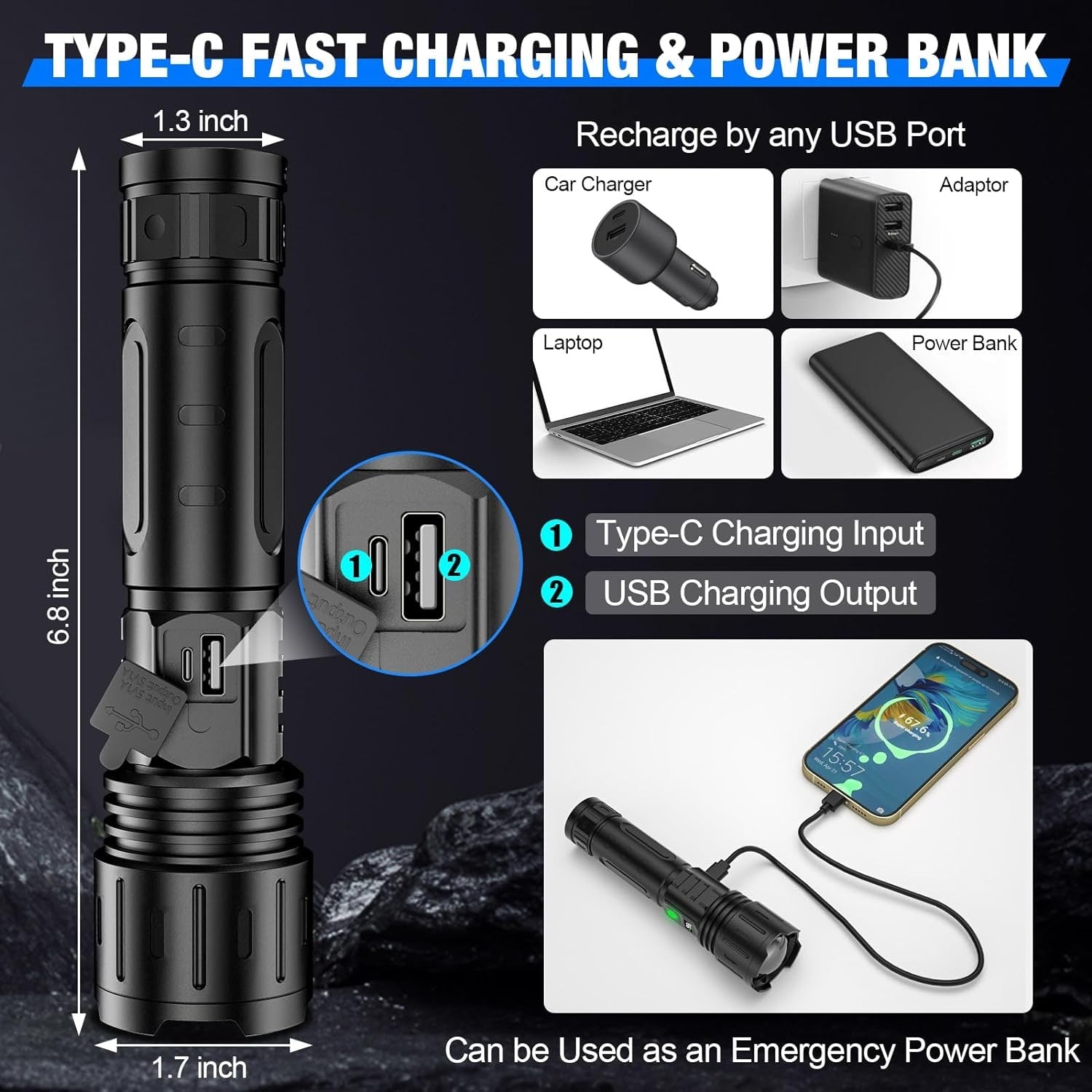 LED Flashlight - 100,000 Lumens, Rechargeable &amp; Long Beam 5