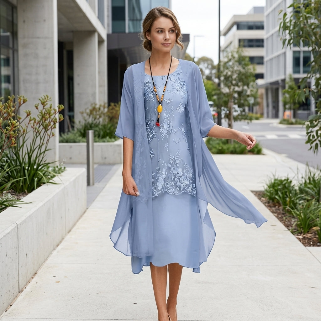 Olivia | Midi-Hochzeitsgastkleid mit transparenten Ärmeln
