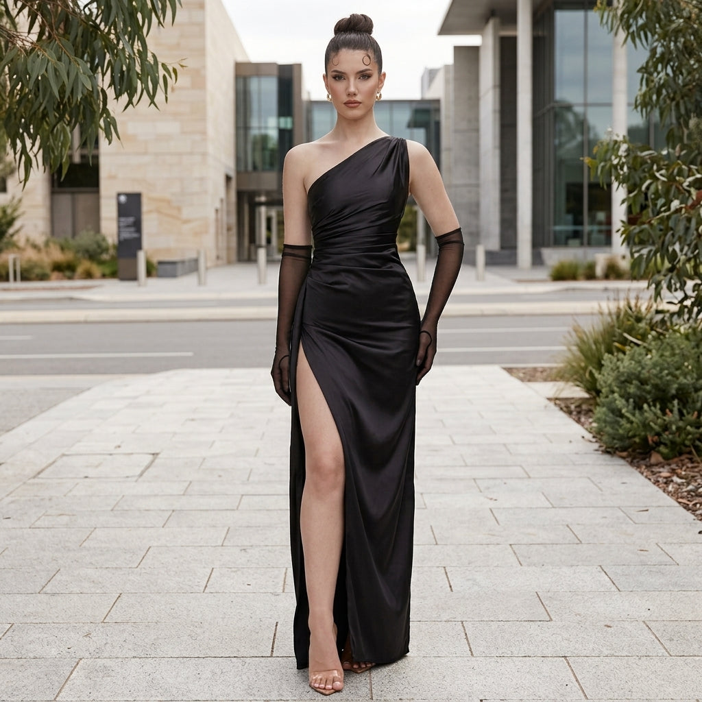 Scarlett | Ein-Schulter Satin Hochzeitsgastkleid