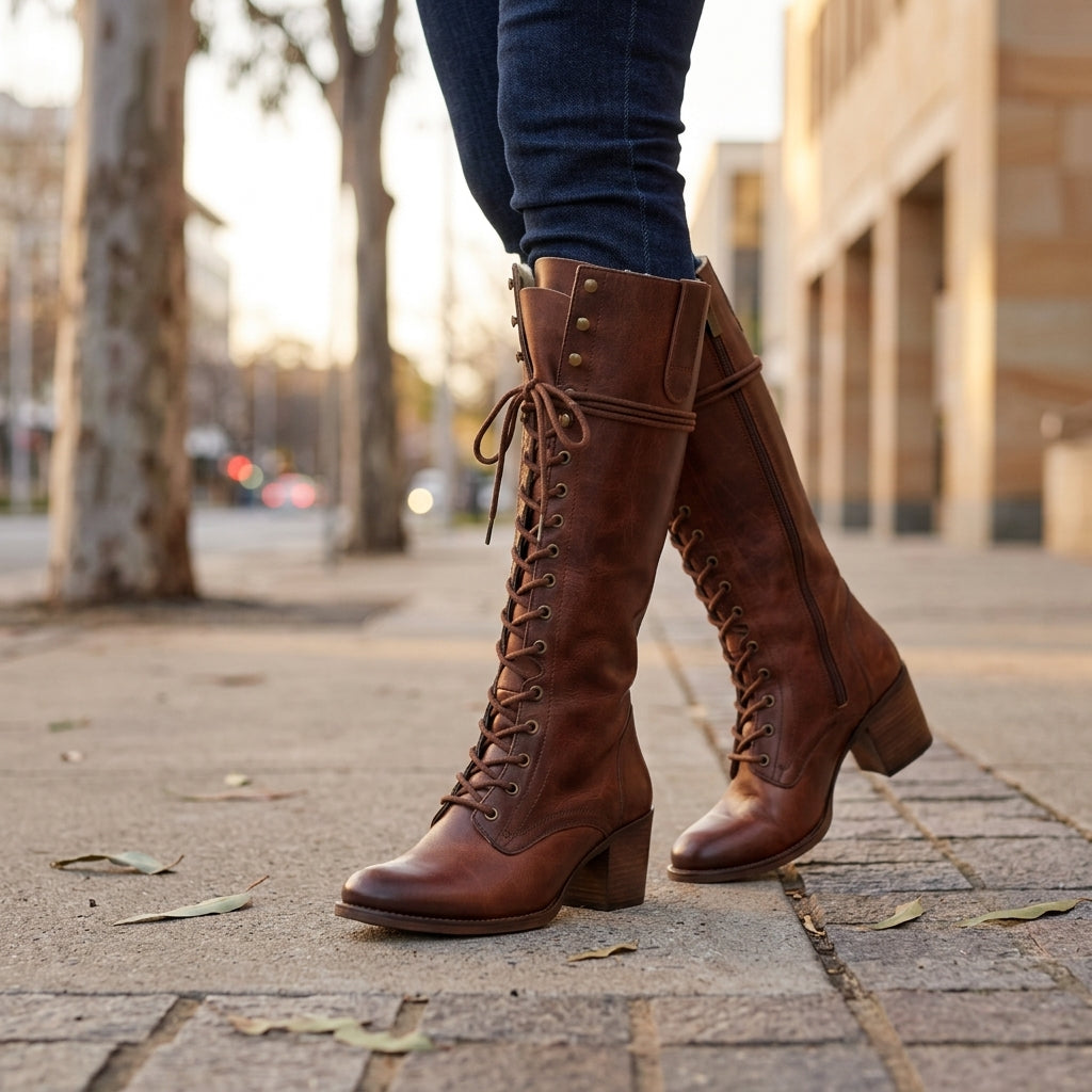 Ivy | Women's Vintage Knee High Boots – Lace-Up Riding Style