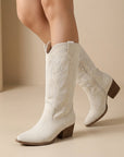 Ruby | Women's Embroidered Knee High Boots – Elegant Block Heel