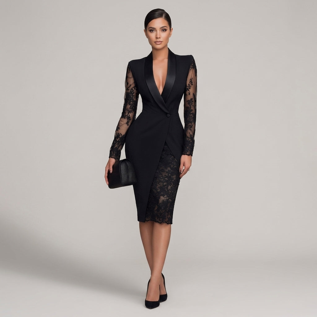 Tessa | Women's Blazer &amp; Lace Sleeve Midi Cocktail Dress