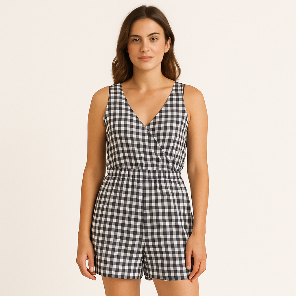 Luna - Summer Gingham Romper With Elastic Waist
