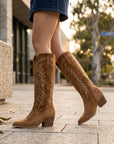 Ruby | Women's Embroidered Knee High Boots – Elegant Block Heel