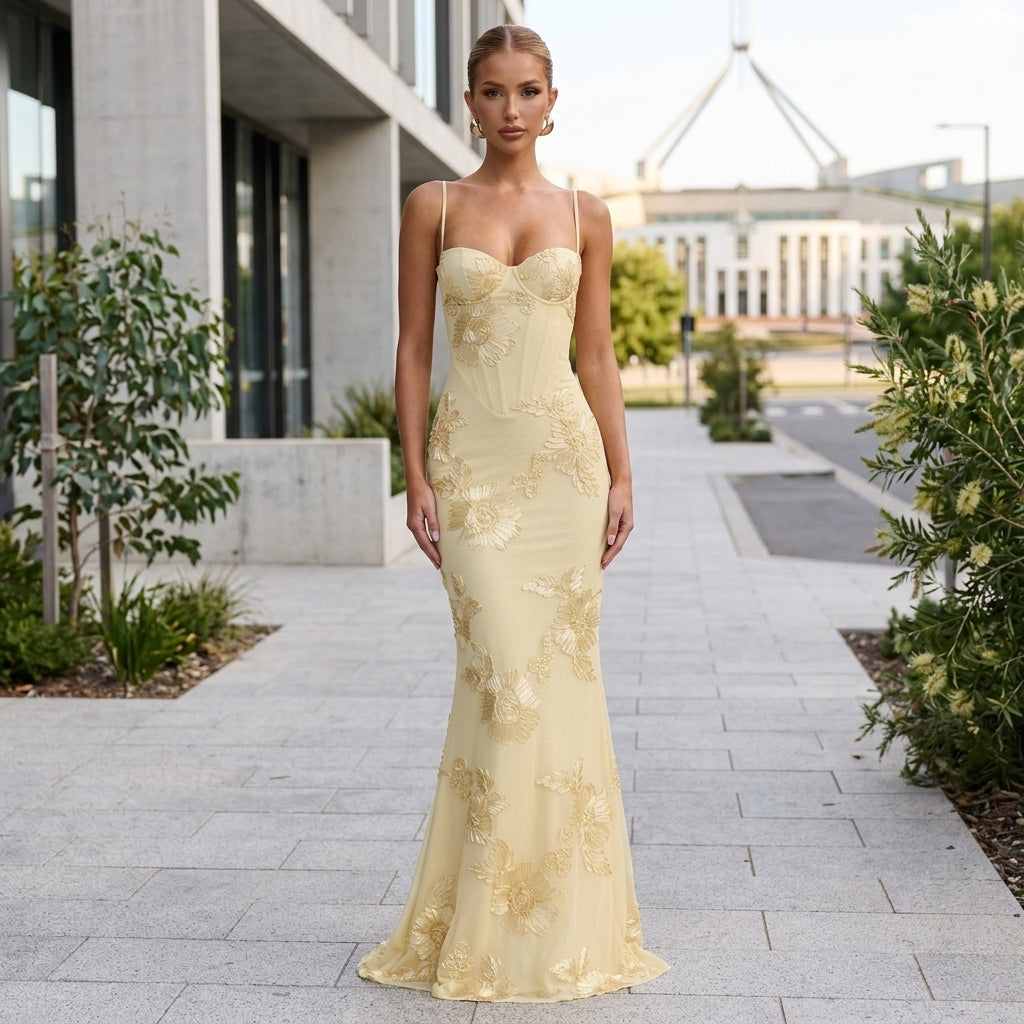 Ruby | Floral Corset Maxi Wedding Guest Dress