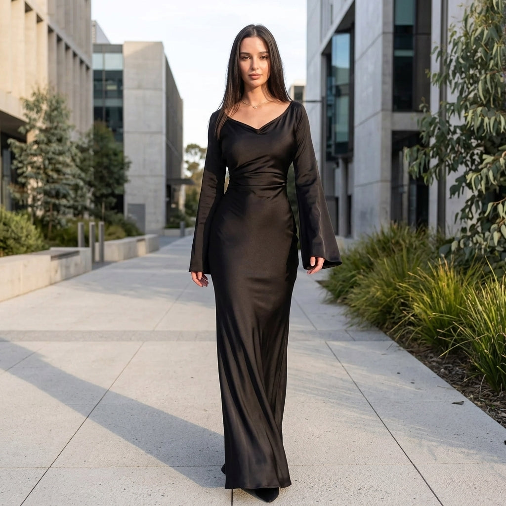 Ella | Satin Long Sleeve Maxi Wedding Guest Dress