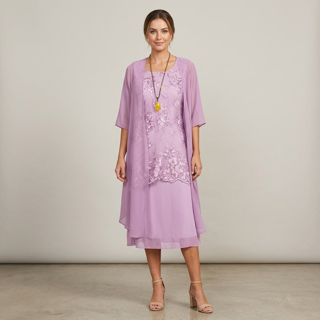 Olivia | Midi-Hochzeitsgastkleid mit transparenten Ärmeln