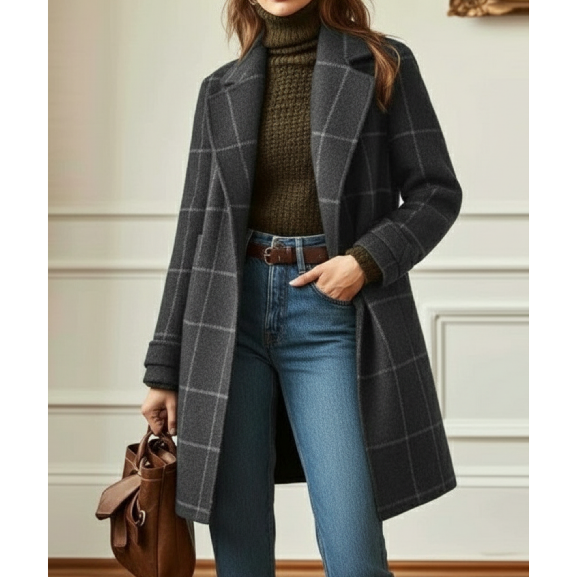Women's Brown Check Coat Checked | Double-Breasted Coat - Image 3